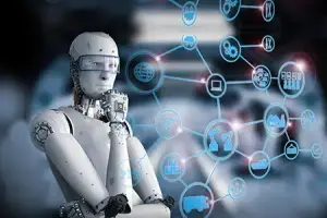 3D rendering of an AI robot interacting with a virtual interface.