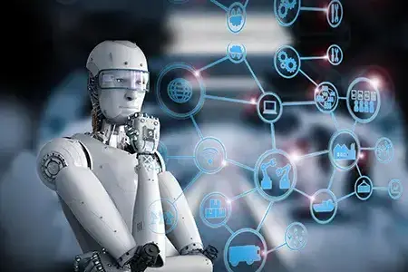 3D rendering of an AI robot interacting with a virtual interface.