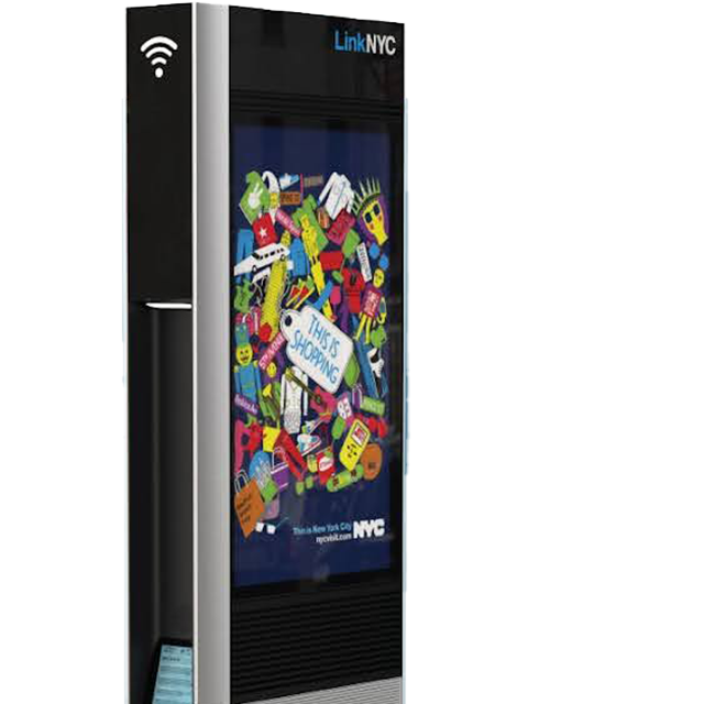 LinkNYC street kiosk showing a dynamic ad on its screen