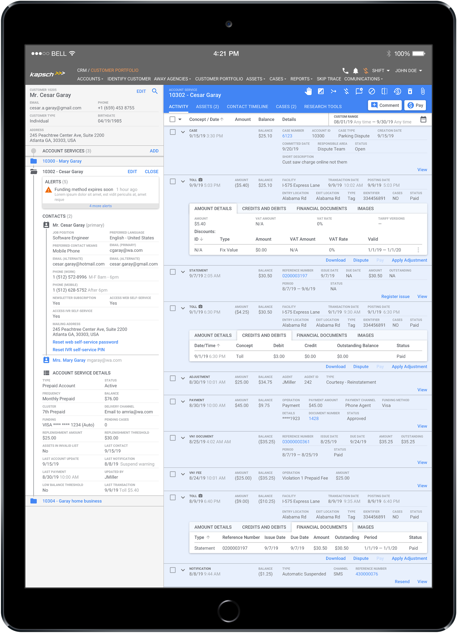 Kapsch tollway customer support system on a tablet