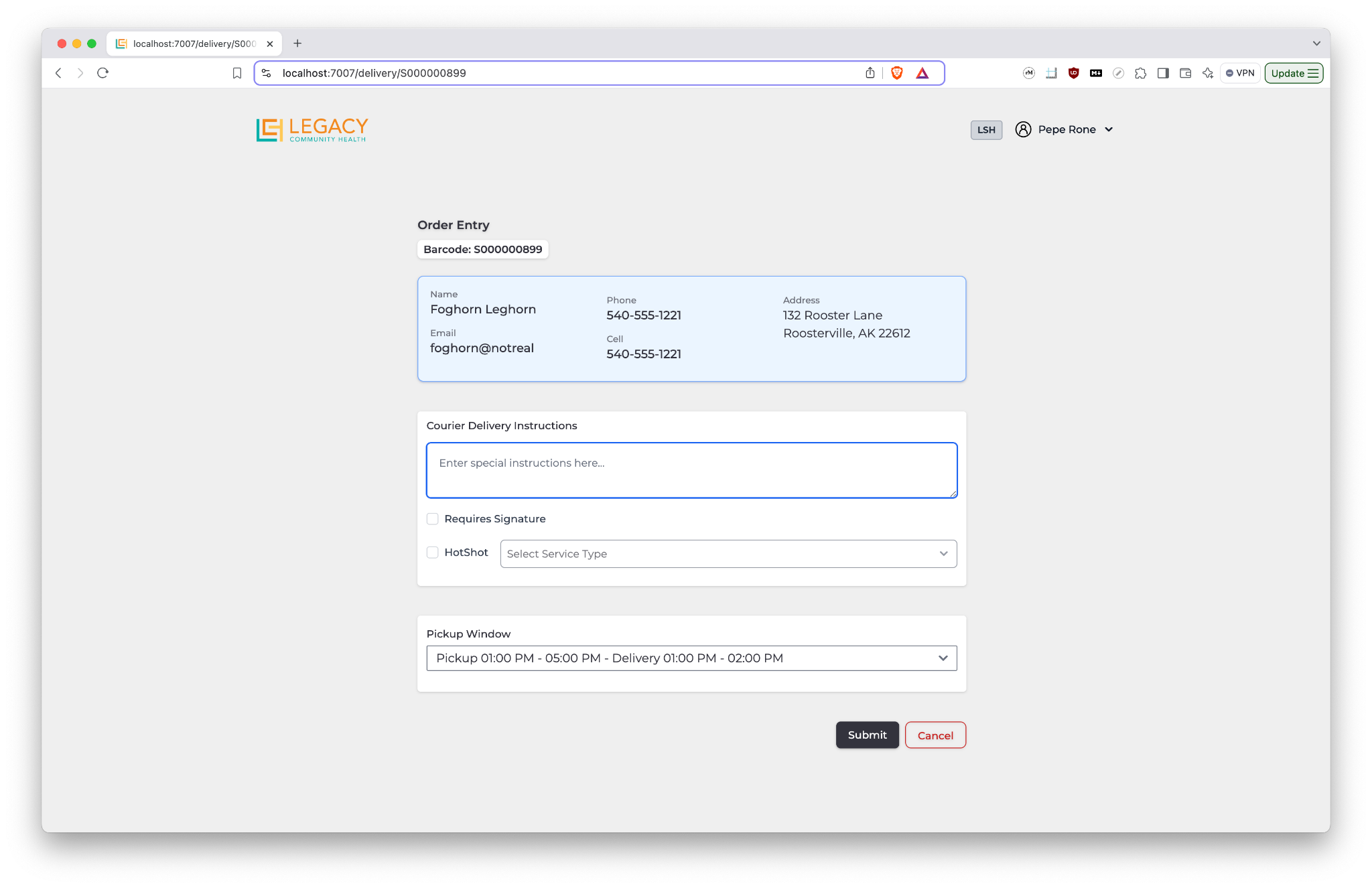 Legacy Community Health courier delivery order entry application