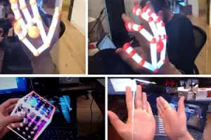 3D visualization of VR hand tracking detecting and interacting with hand movements.