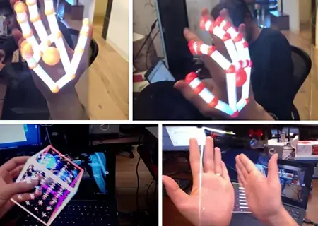 3D visualization of VR hand tracking detecting and interacting with hand movements.