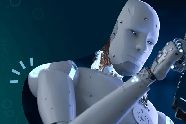 Futuristic robot holding a transparent tablet, representing AI adoption in insurance systems