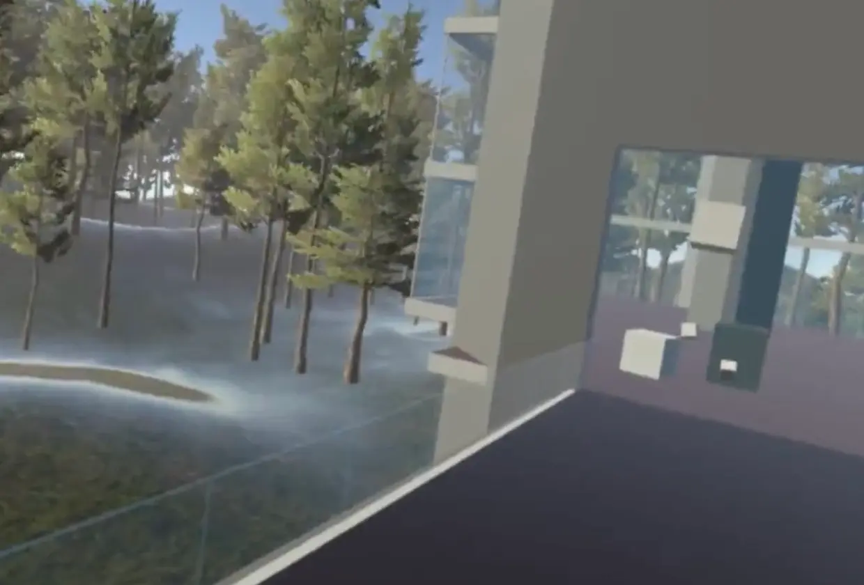 Virtual office space demonstrating networked object manipulation and immersive remote teamwork.