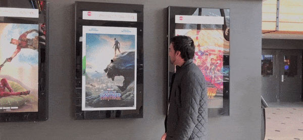 Black Panther emerging from a movie poster in a VR demo.